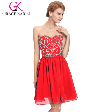 Grace Karin Strapless Off Schulter kurze Knielänge Red Chiffon Brautjungfer Kleid CL6049-3